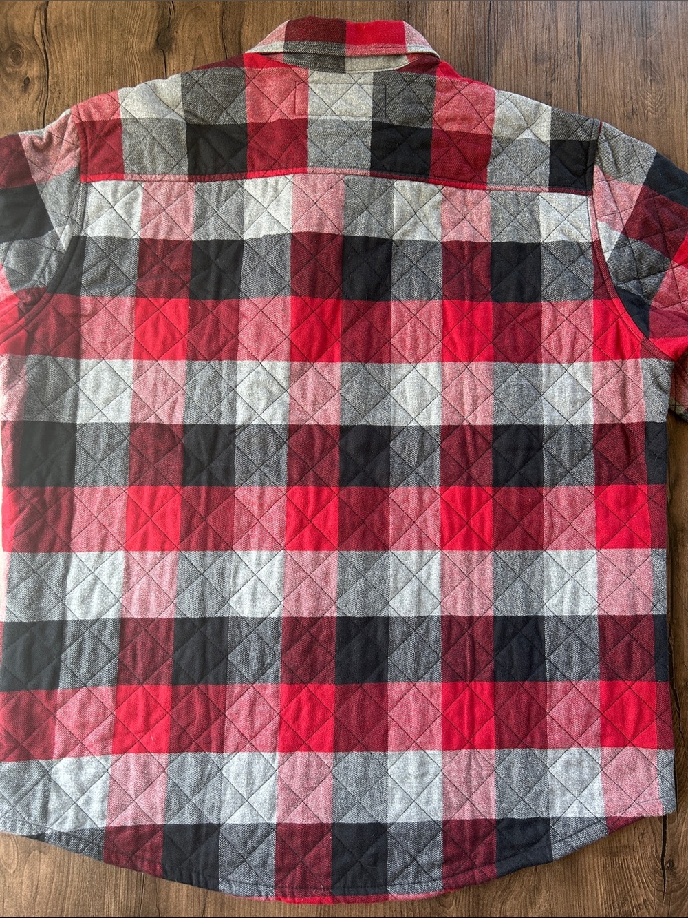 Eddie Bauer Red Black Gray Quilted Plaid Shirt Jacket - Picture 7 of 7